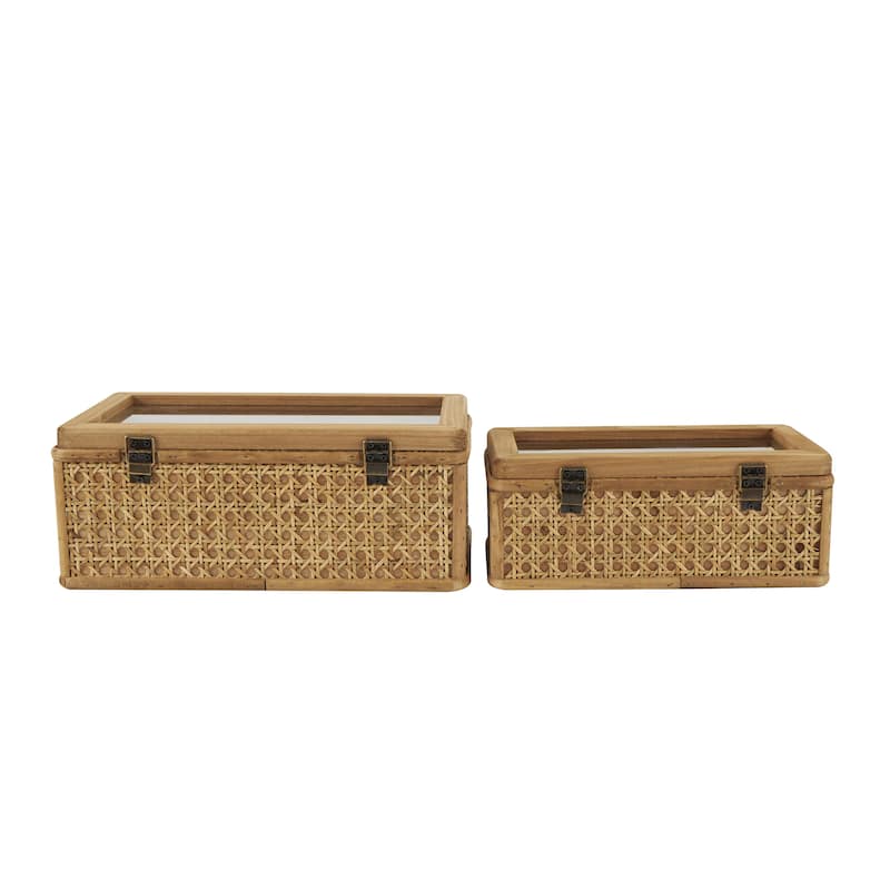Rattan Handmade Woven Rattan Box with Glass Tops and Bronze Latches - Set of 2 Brown - Roche River Decor