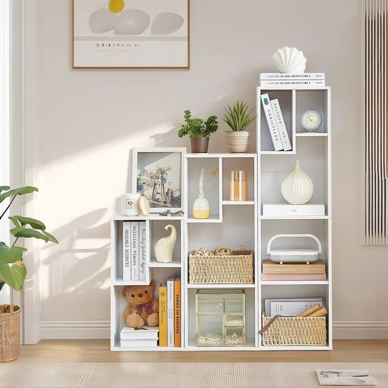 VECELO Wood Organizer Bookcase,Fits Tallest Hardcovers, Customized Storage Display Shelf, Free Standing for Living Room, Bedroom