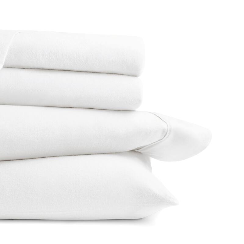 Becky Cameron 4 Piece Solid Cotton Brushed Flannel Deep Pocket Sheet Set - Twin - White