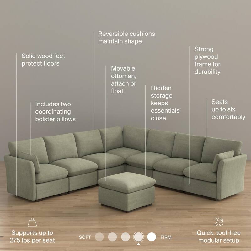 Bush Home Sienna Modular 6-Seater Sectional with Storage Ottoman