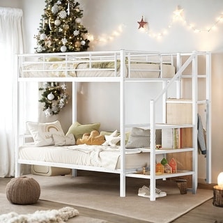 Twin Over Twin Metal Bunk Bed with Ladder and Wardrobe, White