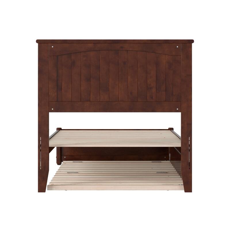 Twin Platform Bed with Trundle, Walnut Wood Bed Frame & Panel Footboard - Space Saving Design