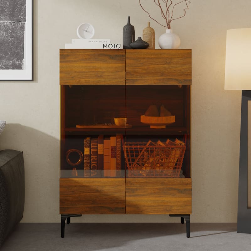 Walnut Glass Bookcase Bookshefl w/Cabinet Storage LED Display Shelves Bathroom or Living Room - 31.5"x45.3"