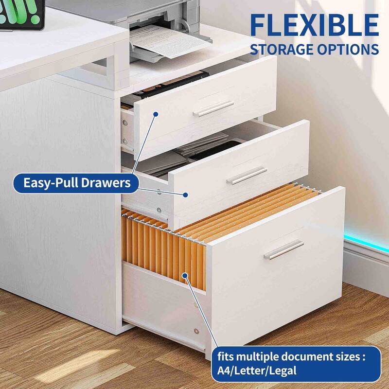 Moasis 65-inch L Shaped Computer Office Desk with Cabinet Drawers Gaming Desk w/Power Outlets & LED Lights