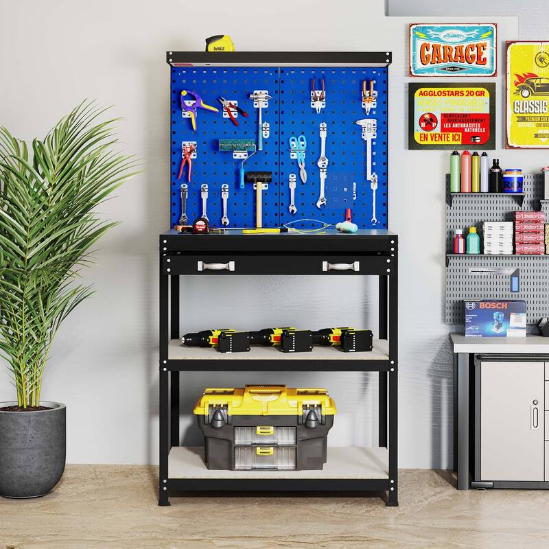 Gymax 32'' x 16'' Workbench w/ Pegboard 20PCS Tool Hooks Drawer & Open