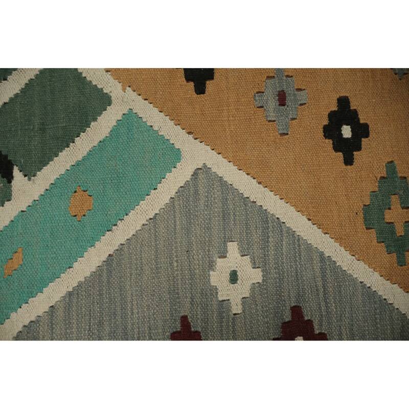 Hand Woven Oriental 100% Wool Carpet Southwestern Tribal Green Kilim Area Rug - 8' 9'' X 4' 11''