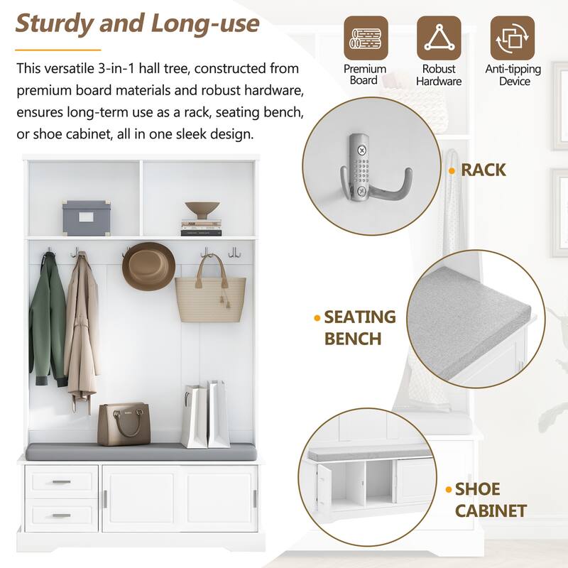 Elegant Hall Tree with Sliding Doors, Coat Rack with 6 Silvery Hooks & Handles, Mudroom Bench Cabinet with Shoe Storage