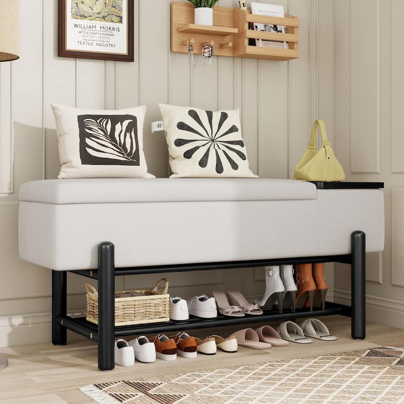 Farmhouse Upholstered Storage Bench with Hidden Compartment, Modern Entryway Bench for Living Room, Entryway, and Hallways - Black