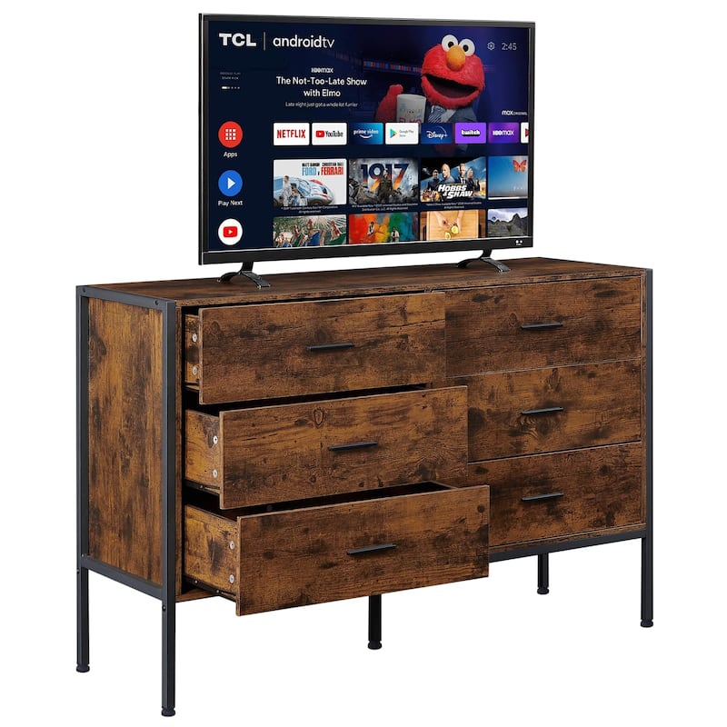 Rustic Wood Dresser with 6 Drawers, Wide 48'' Brown TV Stand with Storage