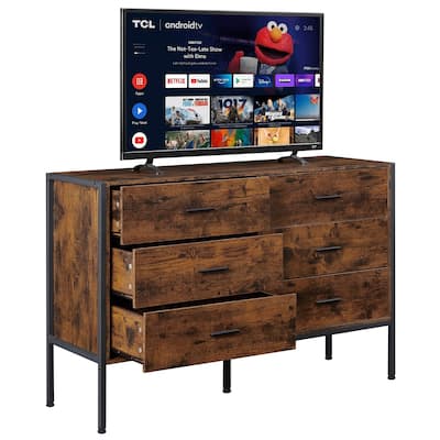 Rustic Wood Dresser with 6 Drawers, Wide 48'' Brown TV Stand with Storage