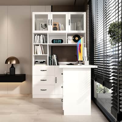 55.1"W Space-Saving Desk & Bookcase Combo with Display Cabinets Large