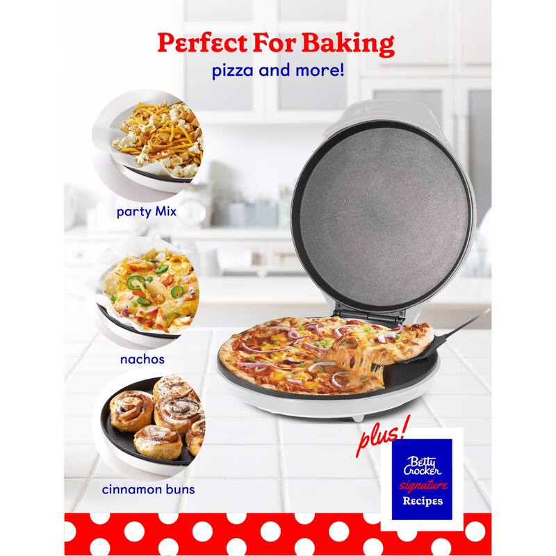 Betty Crocker Pizza Maker Plus, 12" Indoor Electric Grill, Nonstick Griddle Pan for Pizzas,White