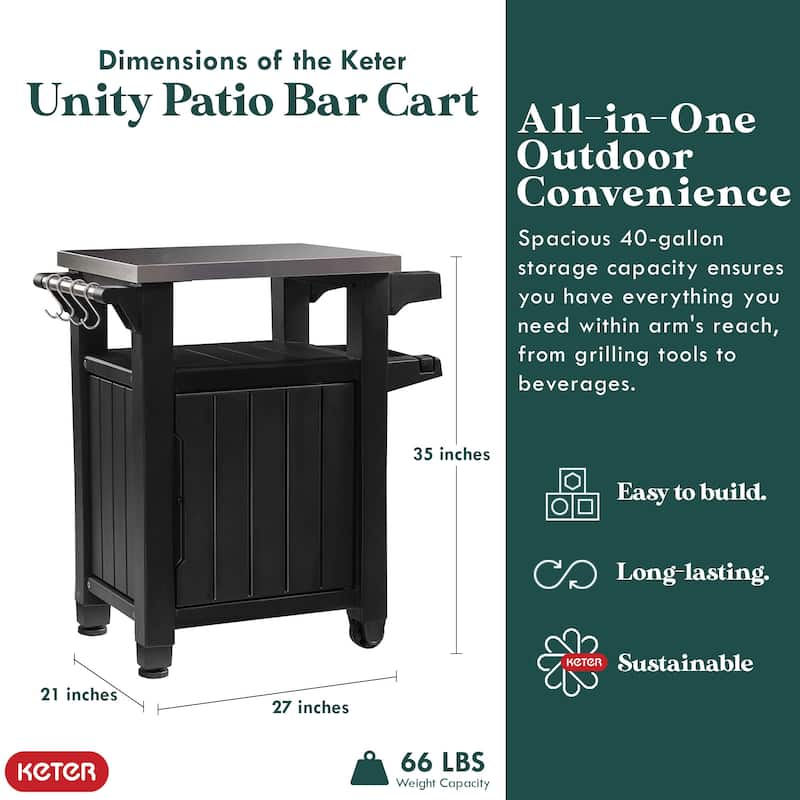 Keter Unity 40 Gallon Stainless Steel Top Storage Grilling Bar Cart (Set of 2) - 32.2
