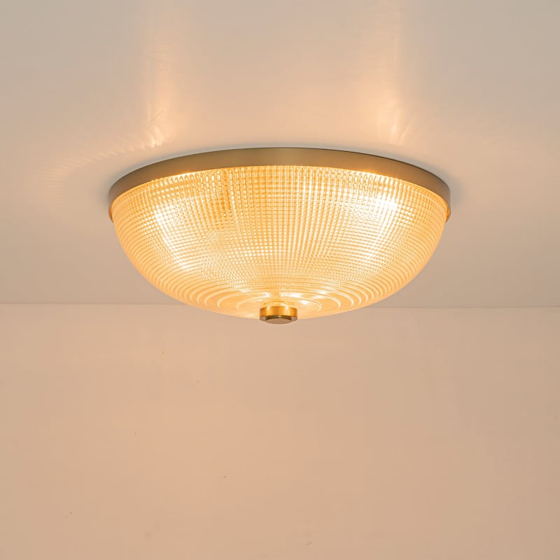 3-Light Industrial Gold Semi Flush Mount Lights with Grid Textured Glass - Brass