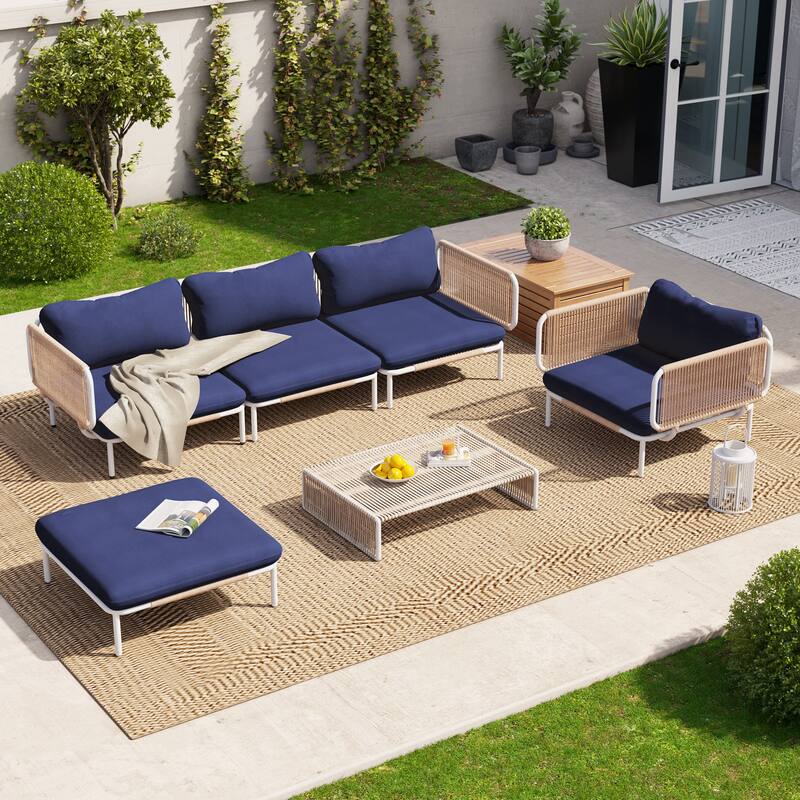 Outdoor Cushioned Sectional Sofa Chat Set Patio Furniture Conversation Set, Free Combination - 5-piece seats - Navy Blue, 5pcs seats & 8 arms