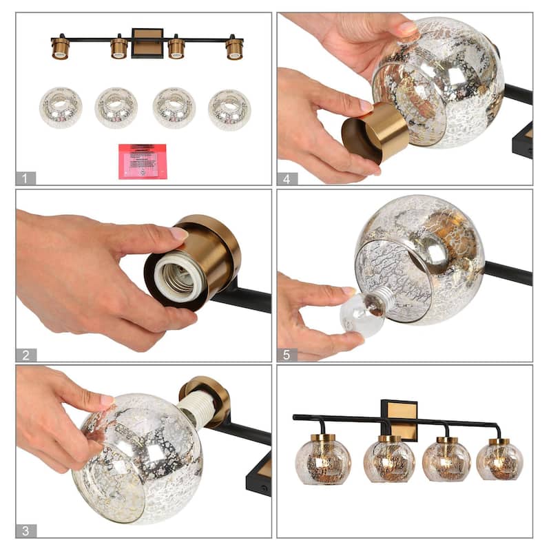 Ziv Black Gold 4-Light Modern Bathroom Vanity Light with Mercury Glass Shades - 29.5" L x 7" W x 9.5" H