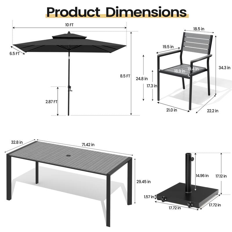 9-PCOutdoor Patio Dining Set Wood Like Aluminum Umbrella Hole Table with Stackable Armchairs, Market Umbrella and Wheel Base
