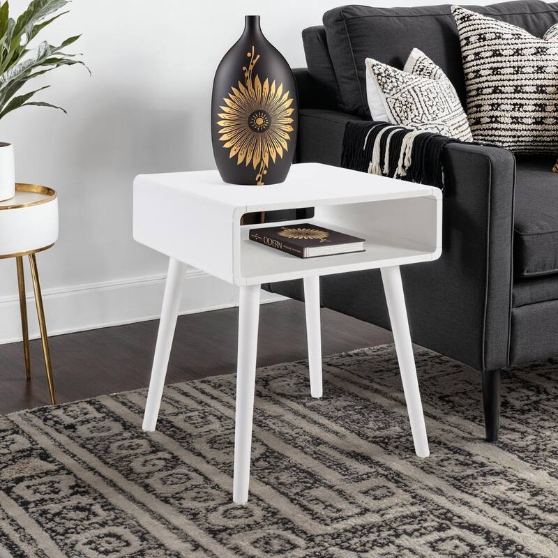 End Table with Shelf, Mid Century Modern Side Table with Open Cubby, Curved Edges, Tapered Legs and Spacious Surface - 18