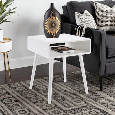 End Table with Shelf, Mid Century Modern Side Table with Open Cubby, Curved Edges, Tapered Legs and Spacious Surface - 18