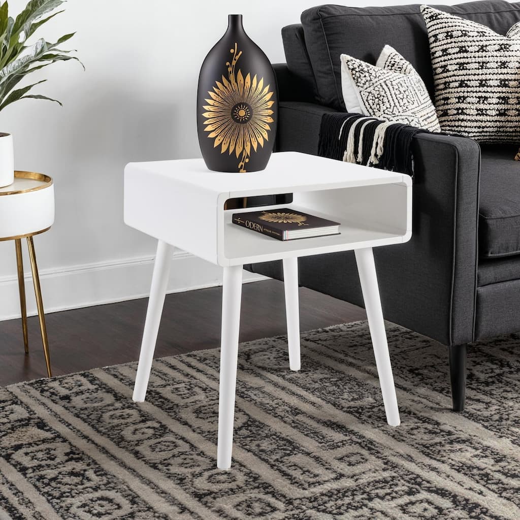 End Table with Shelf, Mid Century Modern Side Table with Open Cubby, Curved Edges, Tapered Legs and Spacious Surface - 18