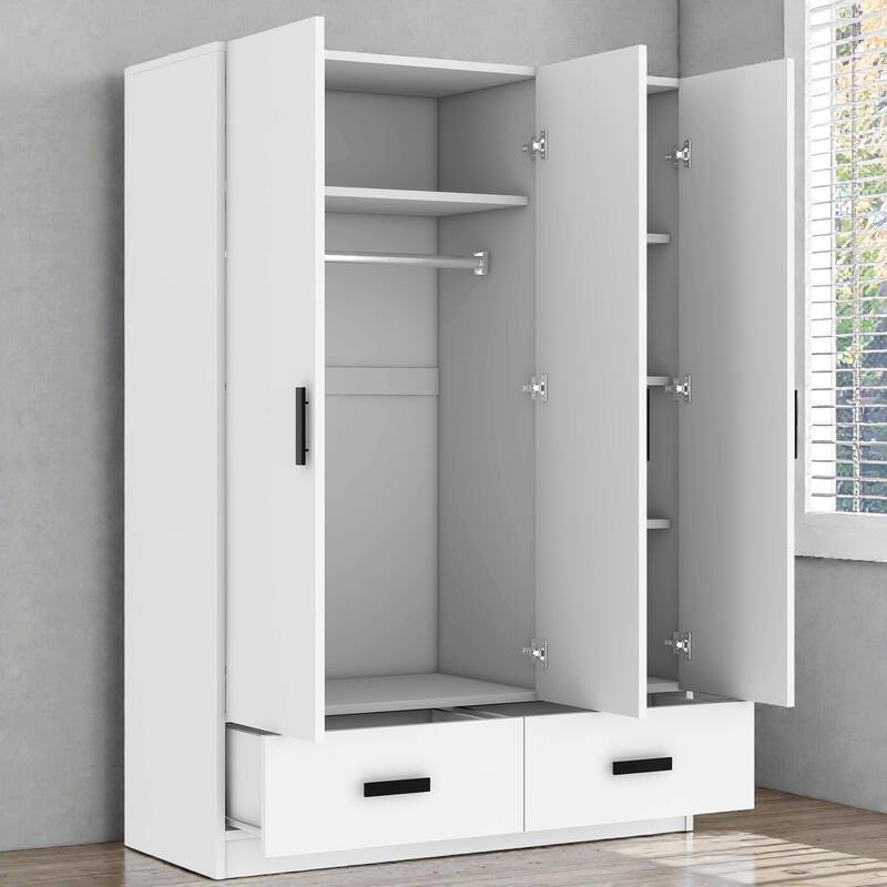3 Door Wardrobe Closet with Drawers, Shelves and Hanging Rod, White Wooden Bedroom Armoire Storage Cabinet