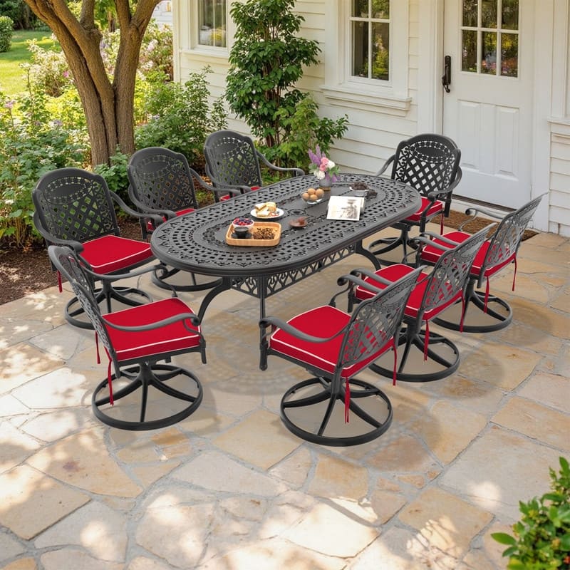 9-Piece Aluminum Oval Outdoor Patio Dining Set, 8 Cushioned Swivel Chairs, Table, All-Weather Frames - Black