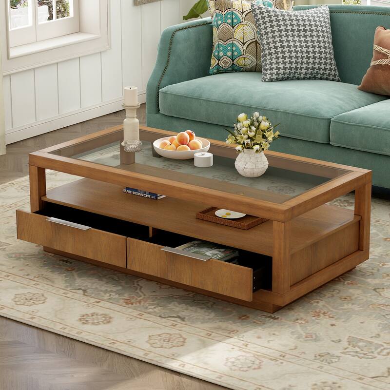 Coffee Table with 2 Drawers,Open Storage Shelf for Living Room