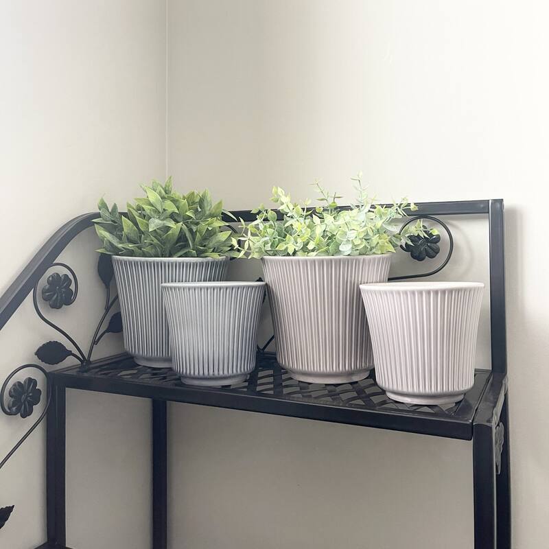 6.3" & 4.7" Dia. Indoor Ceramic Plant Pot Set - Blue-Gray & Warm-Gray - Ribbed Design - 4 Piece Set