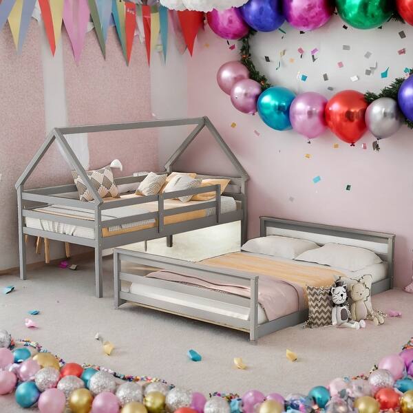 slide 2 of 35, Twin Over Full House Bunk Bed With Built-in Ladder for Home Grey