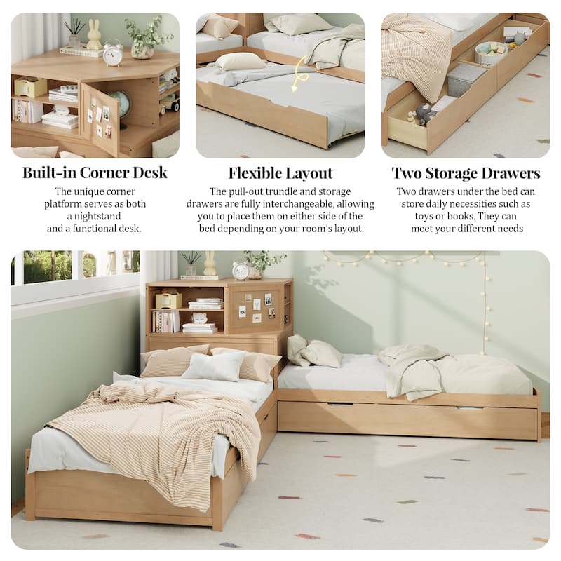 L-Shaped Triple Twin Bed with Built-In Desk, Drawers and Storage Space by Harper&Bright Designs