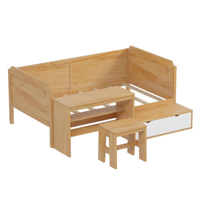 Multi-functional Wooden Twin Size Daybed with Storage, Study Desk, and Matching Stool