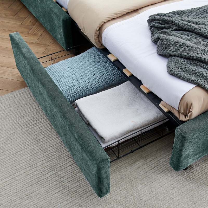 Modern Queen Size Upholstered Bed with Drawers, Velvet Fabric, Blue