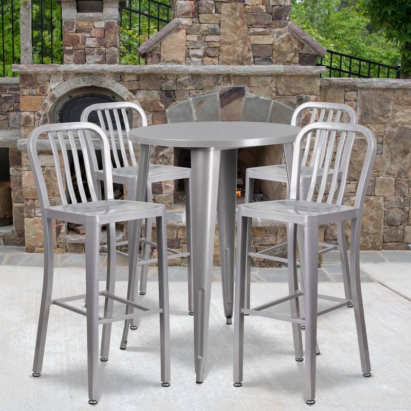 30'' Round Metal Indoor-Outdoor Bar Table Set with 4 Vertical Slat Back Stools - 30"W x 30"D x 41"H - 30"W x 30"D x 41"H - Silver