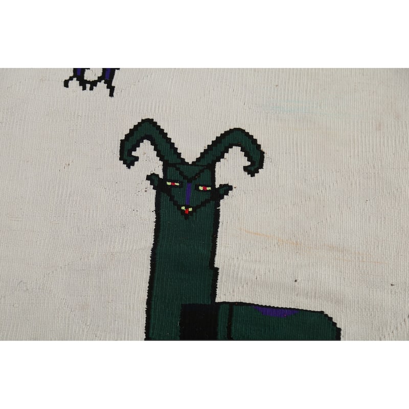 Animals Tribal Kilim Persian Vintage Foyer Rug Hand-Woven Wool Carpet - 2'10"x 4'3"