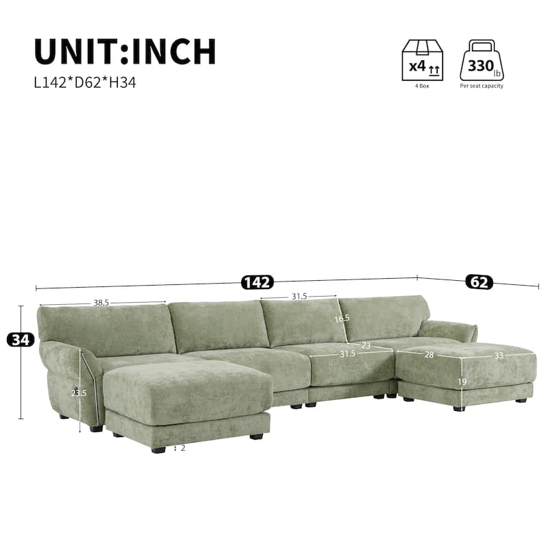 142" U-Shaped Chenille Sectional Sofa with USB & Petal Armrests