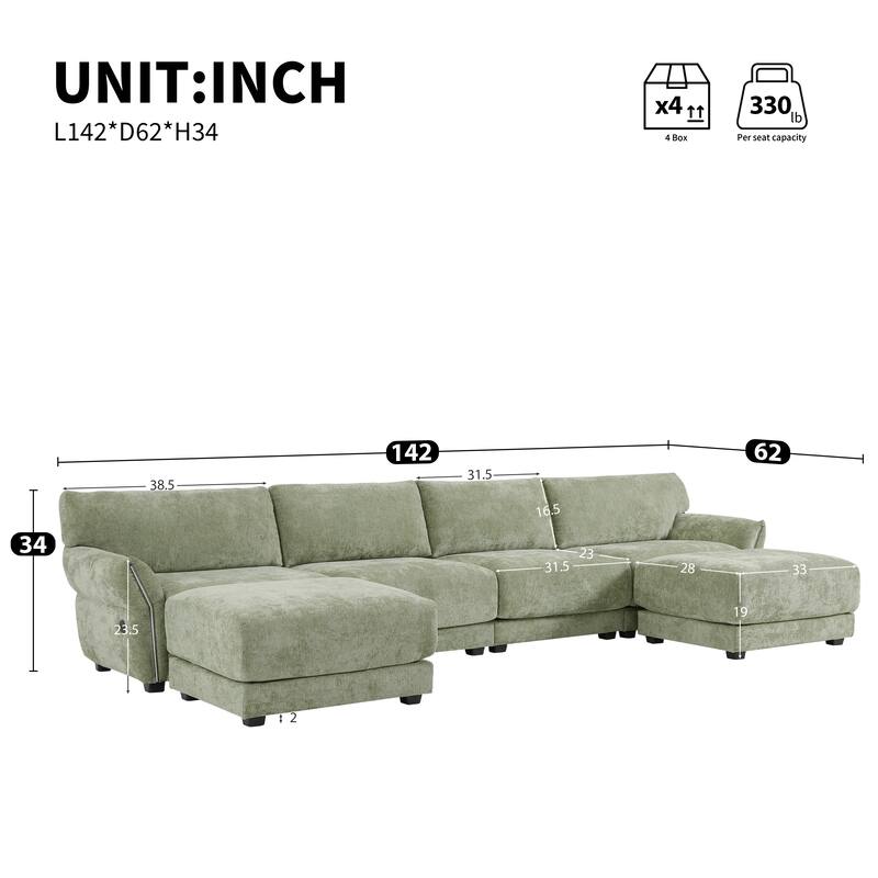 Modular Sectional Sofa Set with Petal Armrest Design External USB and Type-C Charger, Movable Ottoman, Chenille