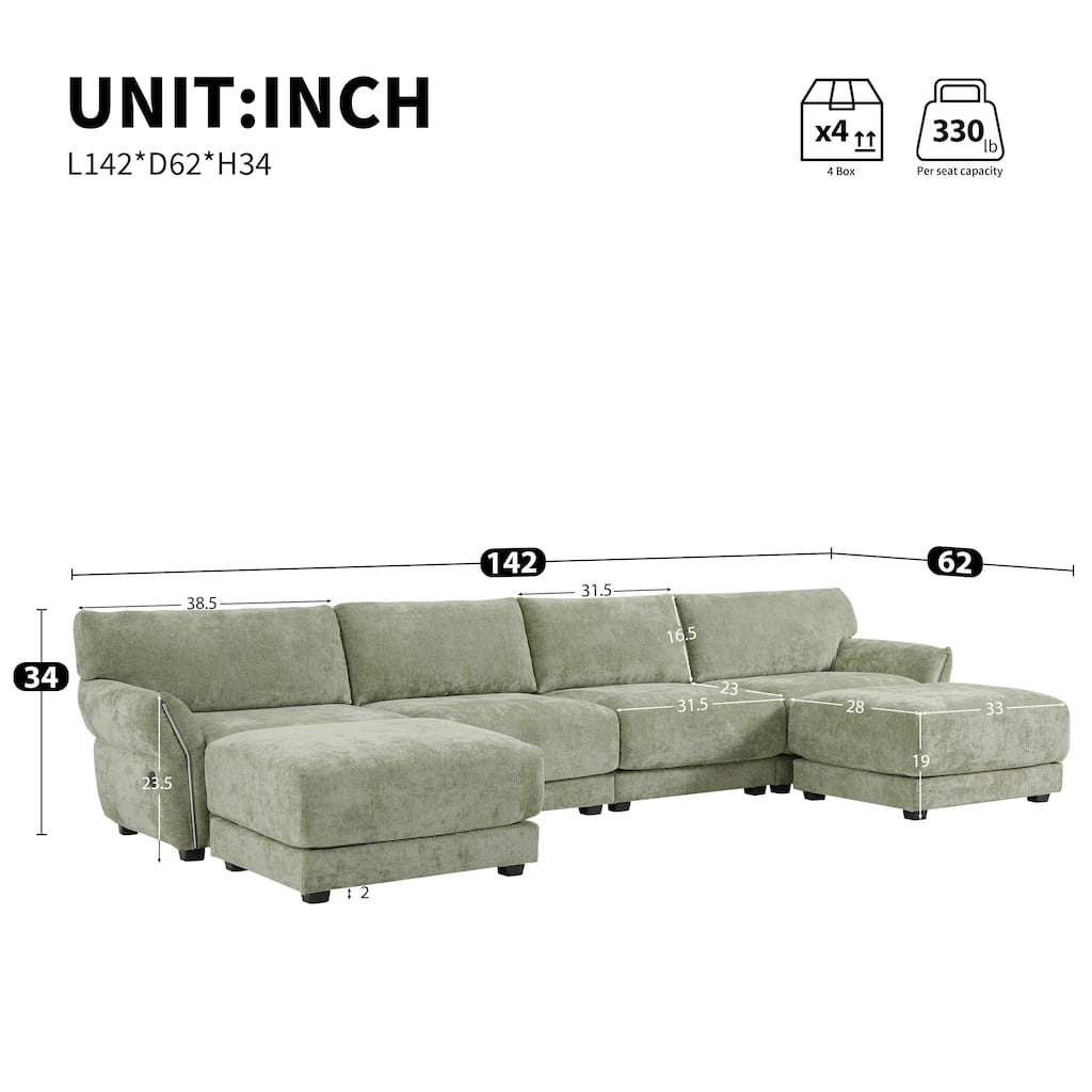 U-Shape Modular Sectional Sofa with 2 Ottomans, High Density Foam 6 Seat Sofa, Chenille Sofa with USB & Type-C Charger Ports