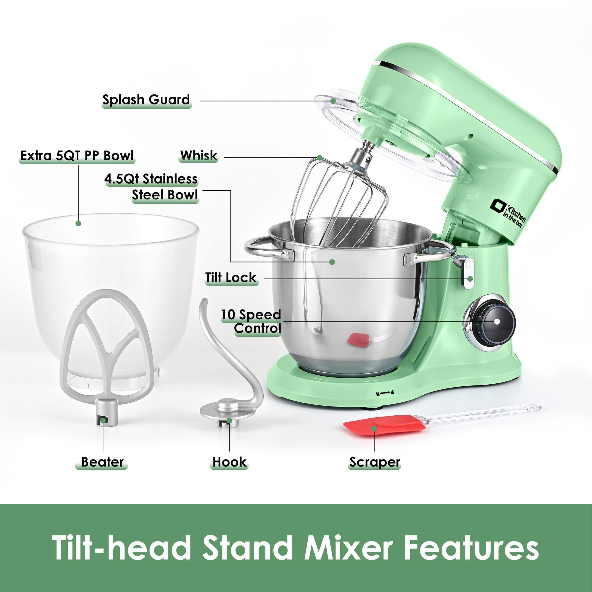 4.5QT+5QT Two bowls Electric Food Mixer, 10 Speeds 3IN1 Kitchen Mixer