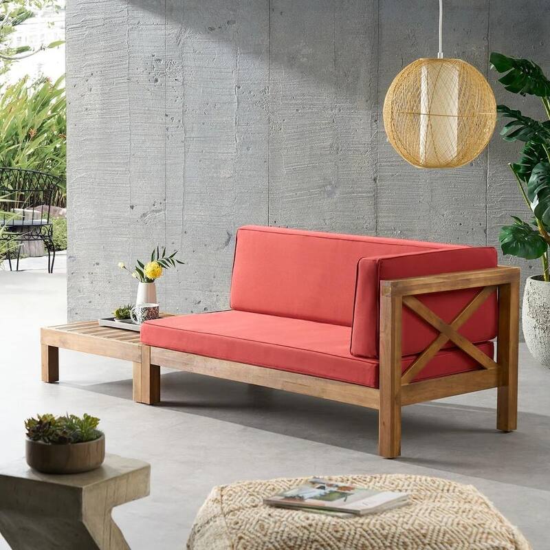 Acacia Wood Outdoor Corner Bench Set with Coffee Table Cross-Back Design Red Cushions - Red