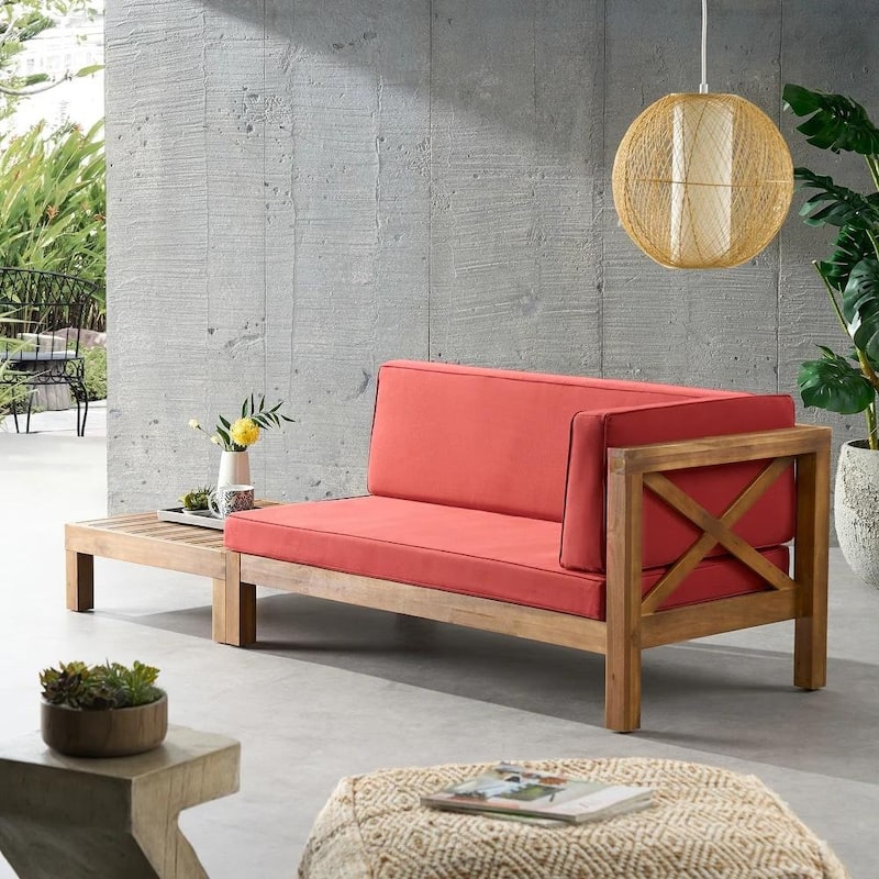 Roomfitters X-Back Corner Bench with Coffee Table, Outdoor Wooden Patio Sofa with Cushions for Garden or Porch - Red