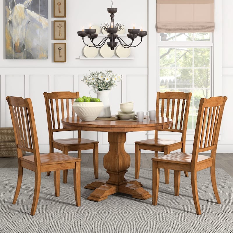 Eleanor Oak Round Solid Wood Top and Slat Back Chairs 5-piece Dining Set by iNSPIRE Q Classic - Oak Table - Oak Chairs
