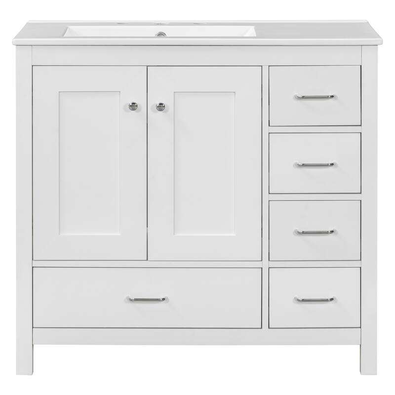 Roomfitters 36" Bathroom Vanity with Ceramic Sink, Storage Cabinet with 2 Soft-Close Doors and 5 Drawers, White