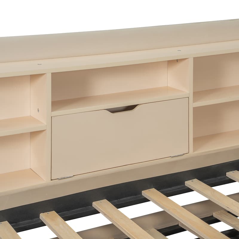 Twin Size Upholstered Daybed with Pop Up Trundle and Storage Shelves & Socket