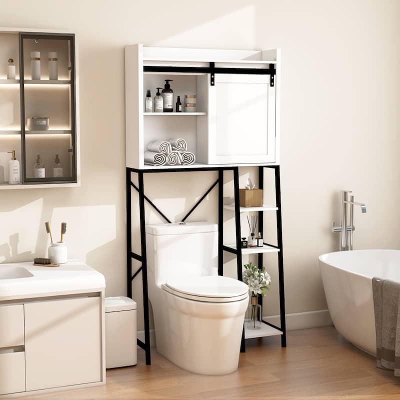 Bathroom Over The Toilet Storage Cabinet With Sliding Barn and Shelves - Wood Finish - White