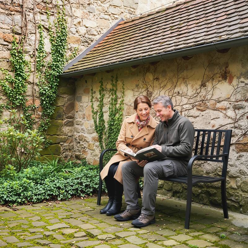 Outsunny 50" Slatted Steel Outdoor Decorative Patio Lawn Garden Park Bench with Durable Rust-Fighting Material