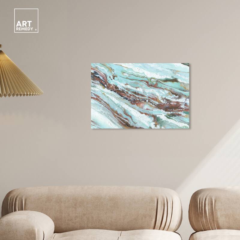Art Remedy Mint Waves Gallery Wrapped Blue Abstract 1 Piece Canvas Wall Art