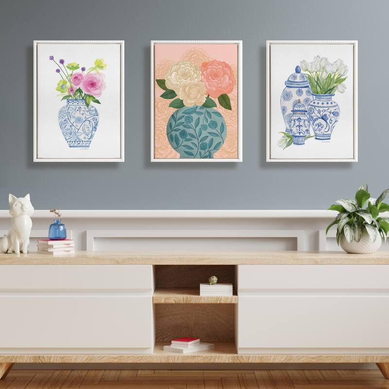 Sylvie Beaded Chinoiserie Jars White Tulips Canvas by Patricia Shaw
