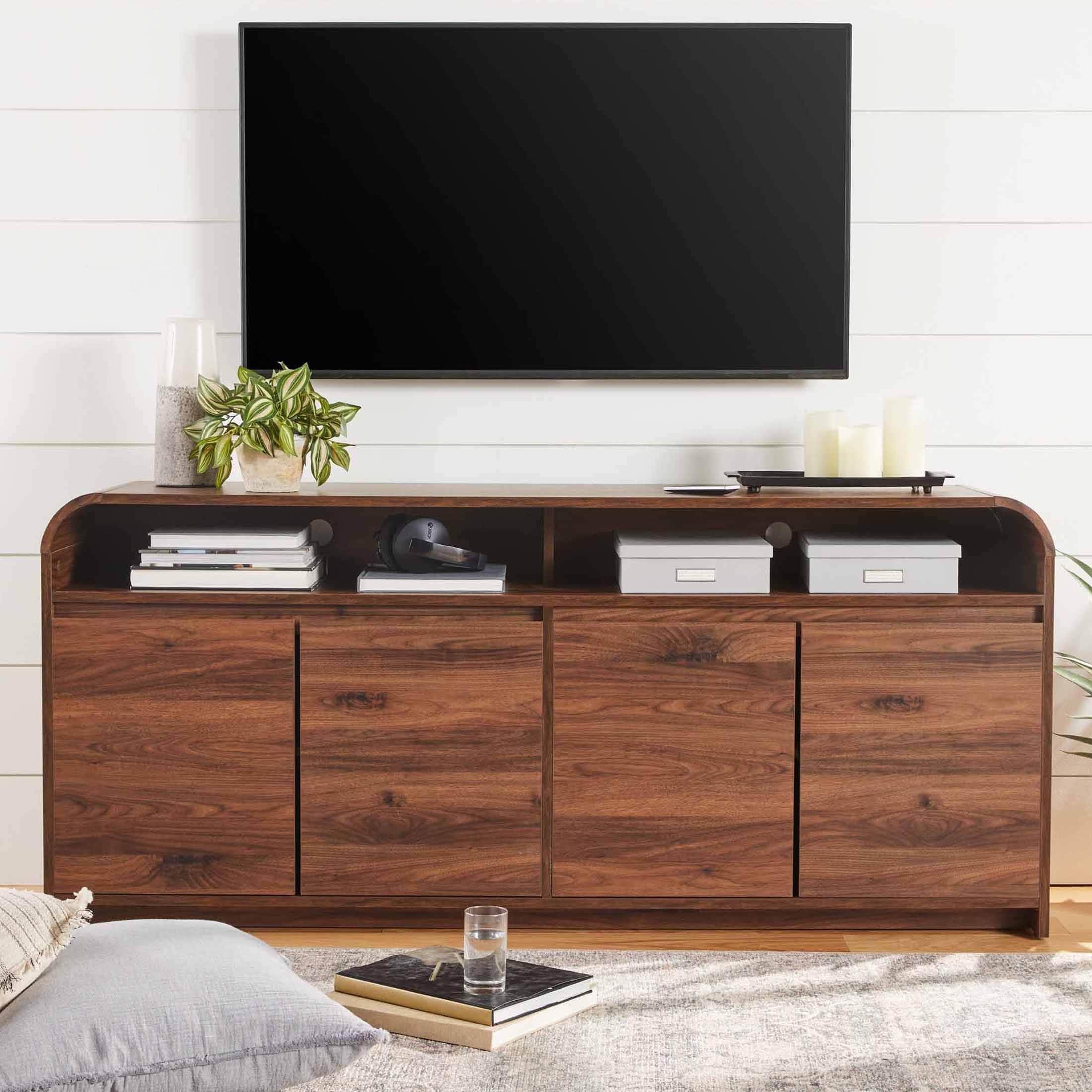 Curved TV Stand for 75-inch TVs, Walnut Finish with Storage Shelves and Cabinet