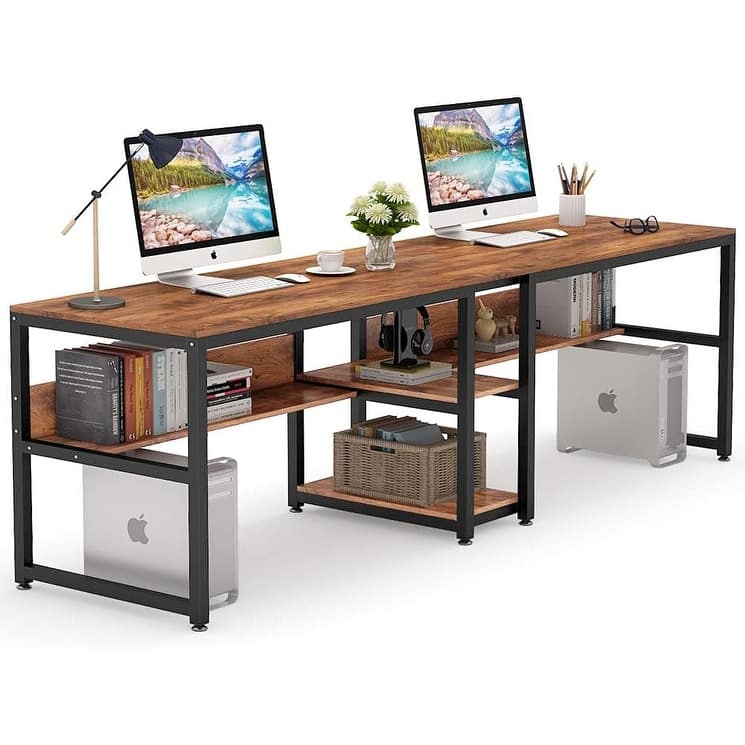 78.7" Double Desk for Two Person with Bookshelves, Rustic Brown Industrial 2-Person Computer Workstation with Storage Shelves