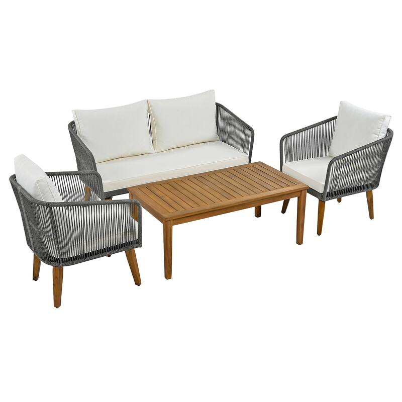 Patio Furniture Set with Loveseat, Rope Chairs & Beige Cushions, 4 Pcs